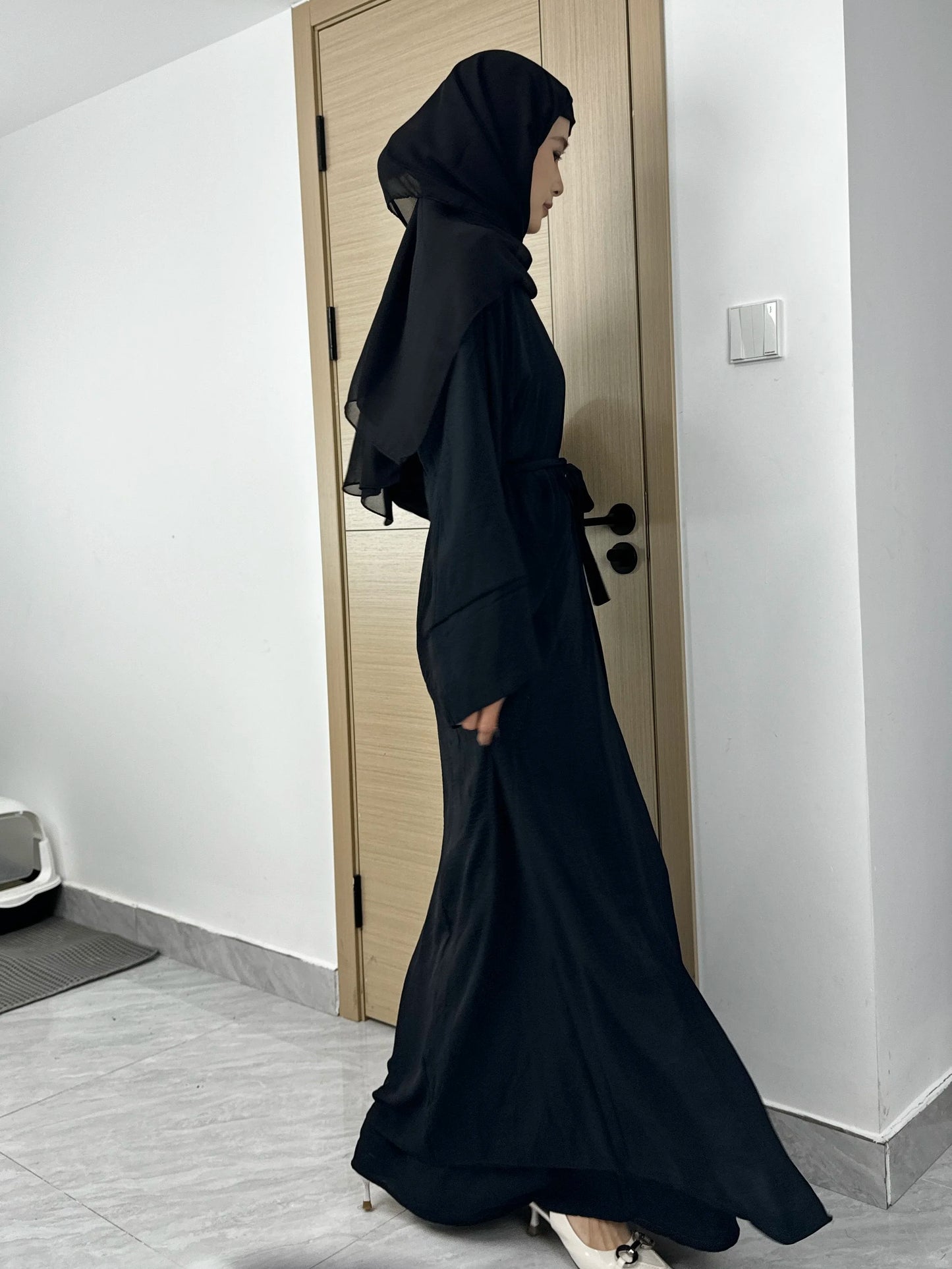 Women Open Front Abaya Muslim Sets Muslim Jilbab Loose Cardigan Coat Sleeveless Inner Dress Two Pieces Prayer Clothing with Belt