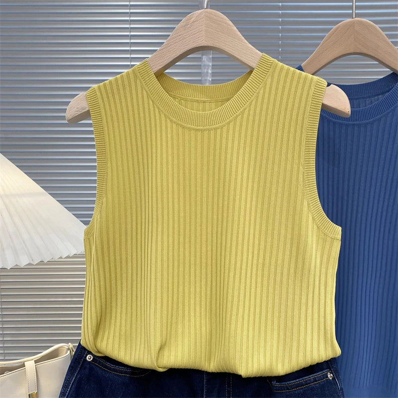 Summer Spring Tanks Top Women Sleeveless Knitted T-Shirts Female Elastic Slim Casual Vests Crop Tops Camis Pullover Shirts