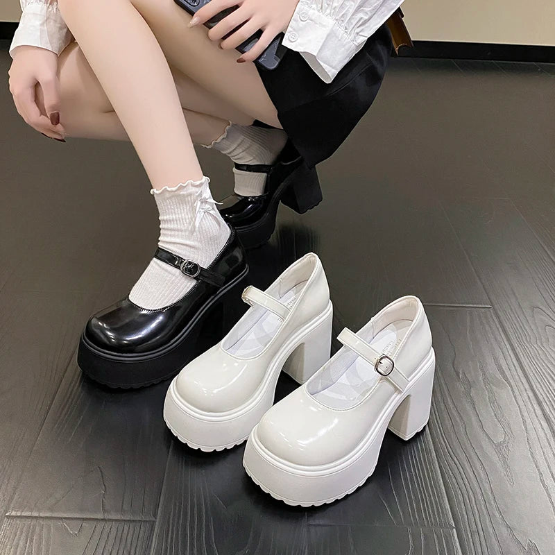 Chunky Platform High Heels Pumps Women 2023 Autumn Pu Leather Ankle Buckle Mary Jane Shoes Woman Thick Heeled White Lolita Shoes