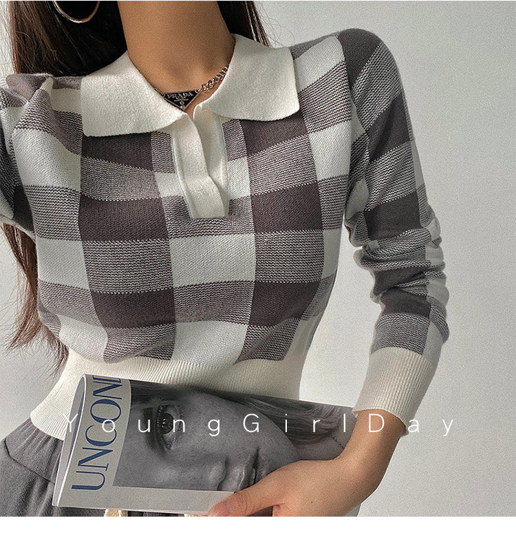 Autumn Winter Vintage Knitwear Crop Tops Women Pullover Sweaters Fashion Female Long Sleeve Elastic Casual Plaid Knitted Shirts