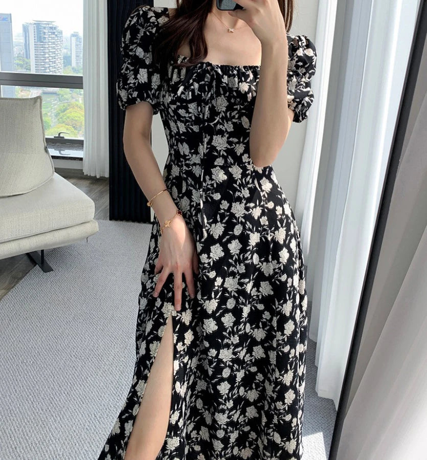 Spring Summer Chiffon Dress Women Casual Dresses Fashion Female Square Collar Short Sleeve Split A-line Dresses Vestidos