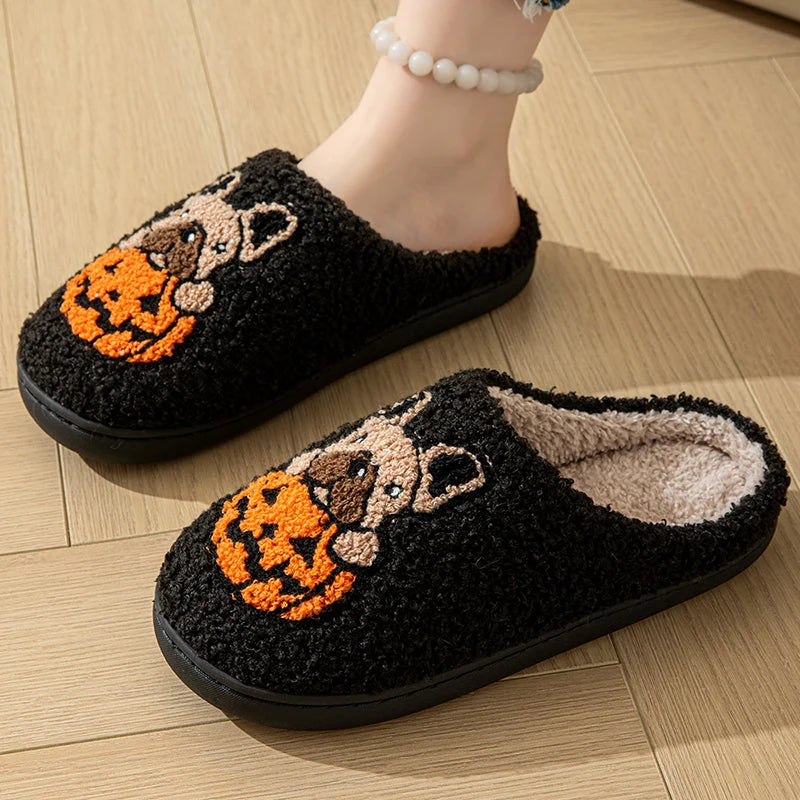 Halloween Dog Embroidery Cotton Home Slippers Women 2024 Winter Fluffy Furry House Slippers Woman Comfort Flat Heels Floor Shoes