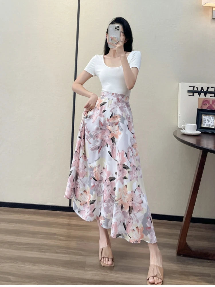 2022 Summer High Waist Women Skirts Casual Floral Printed Chiffon Woman Midi Skirts Bohemian Beach Holiday Long A-line Skirts