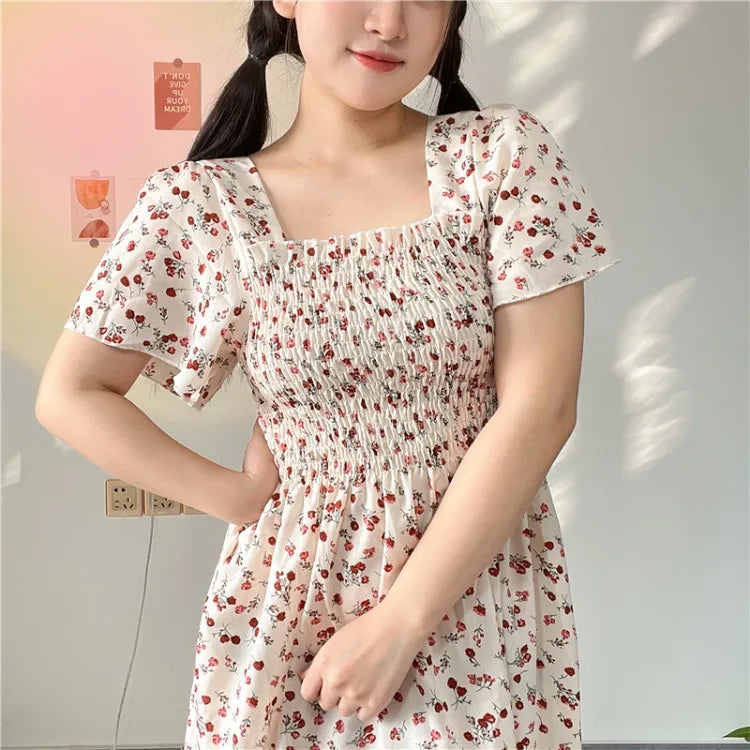 Spring Summer Chiffon Dress Women Casual Dresses Female Elastic Waist Short Sleeve Printed Floral Midi A-Line Dresses Vestidos