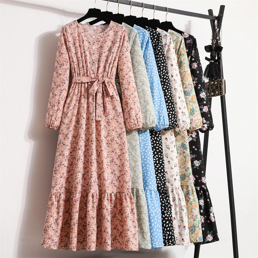 Autumn Spring Women Chiffon Dresses O-neck Mujer Vestidos Female Vintage Floral Printed Full Sleeve A-line Long Maxi Dresses