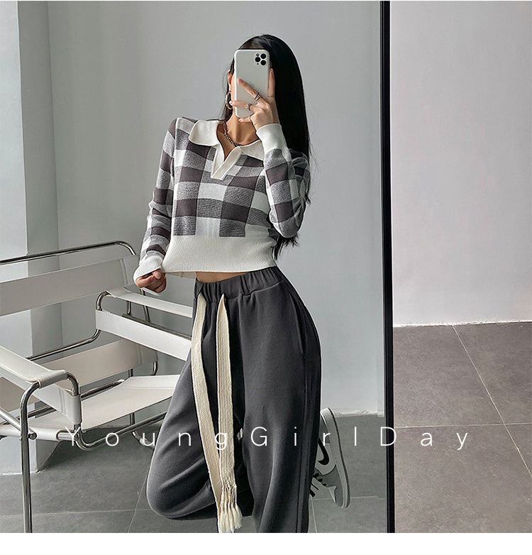 Autumn Winter Vintage Knitwear Crop Tops Women Pullover Sweaters Fashion Female Long Sleeve Elastic Casual Plaid Knitted Shirts