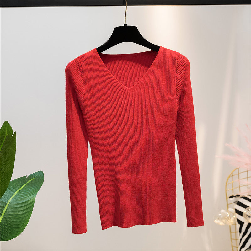 Women Knitted Shirts Fashion Female Autumn Winter Long Sleeve V-neck Skinny Elastic Casual Thin Sweater Pullover Tops Knitwear