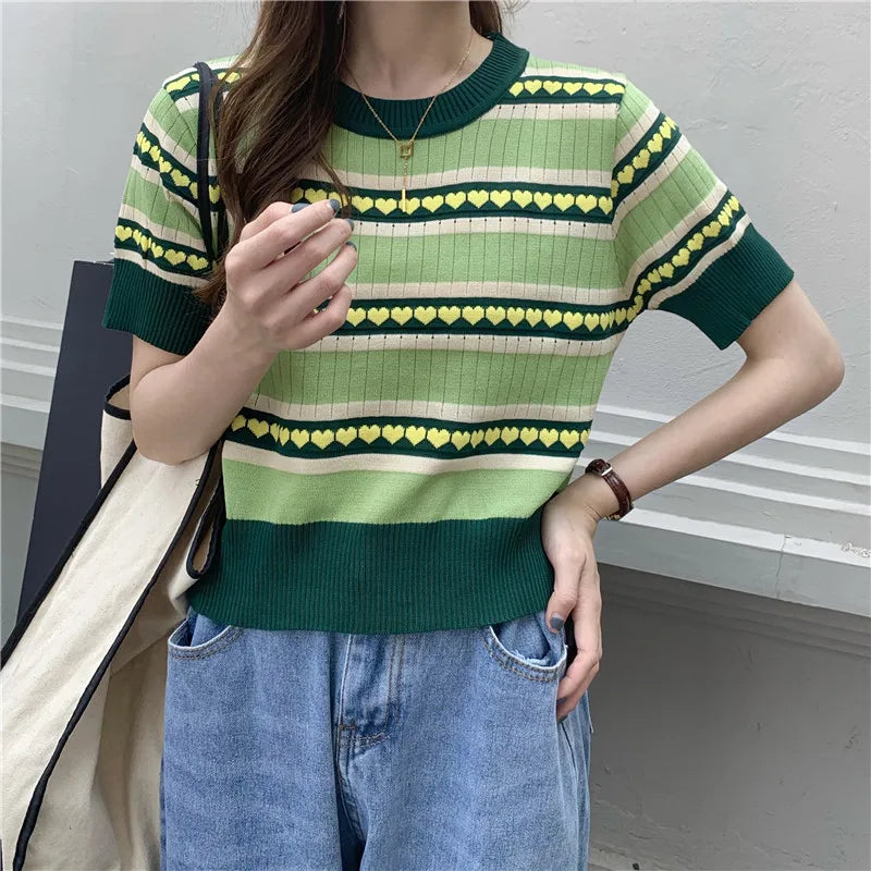 Spring Summer Women Knitted T-Shirts Striped Short Sleeve Shirts Tops Female Elastic Casual Knit Tee Crop Tops Women's T-Shirts