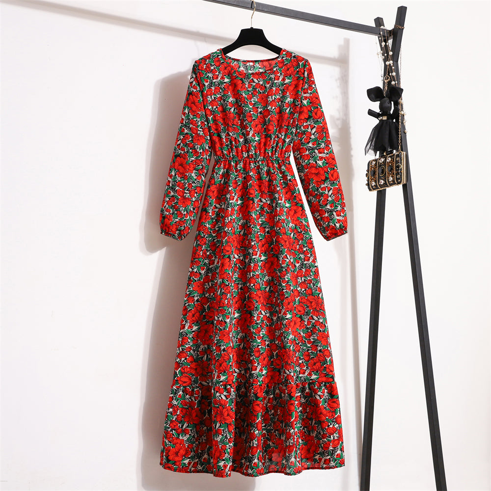 Autumn Spring Chiffon Dresses Fashion Female Full Sleeve Vintage Printed Floral Casual Long Dress Women Maxi Dresses Vestidoes