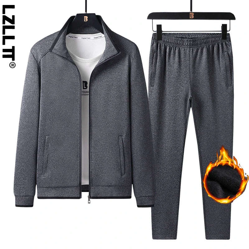 Winter Men Casual Fleece Sport 2 Pieces Tracksuits Suits Men Sportswear Run Outdoor Sets Male Joggers Sweatpant Jacket Suits 7XL