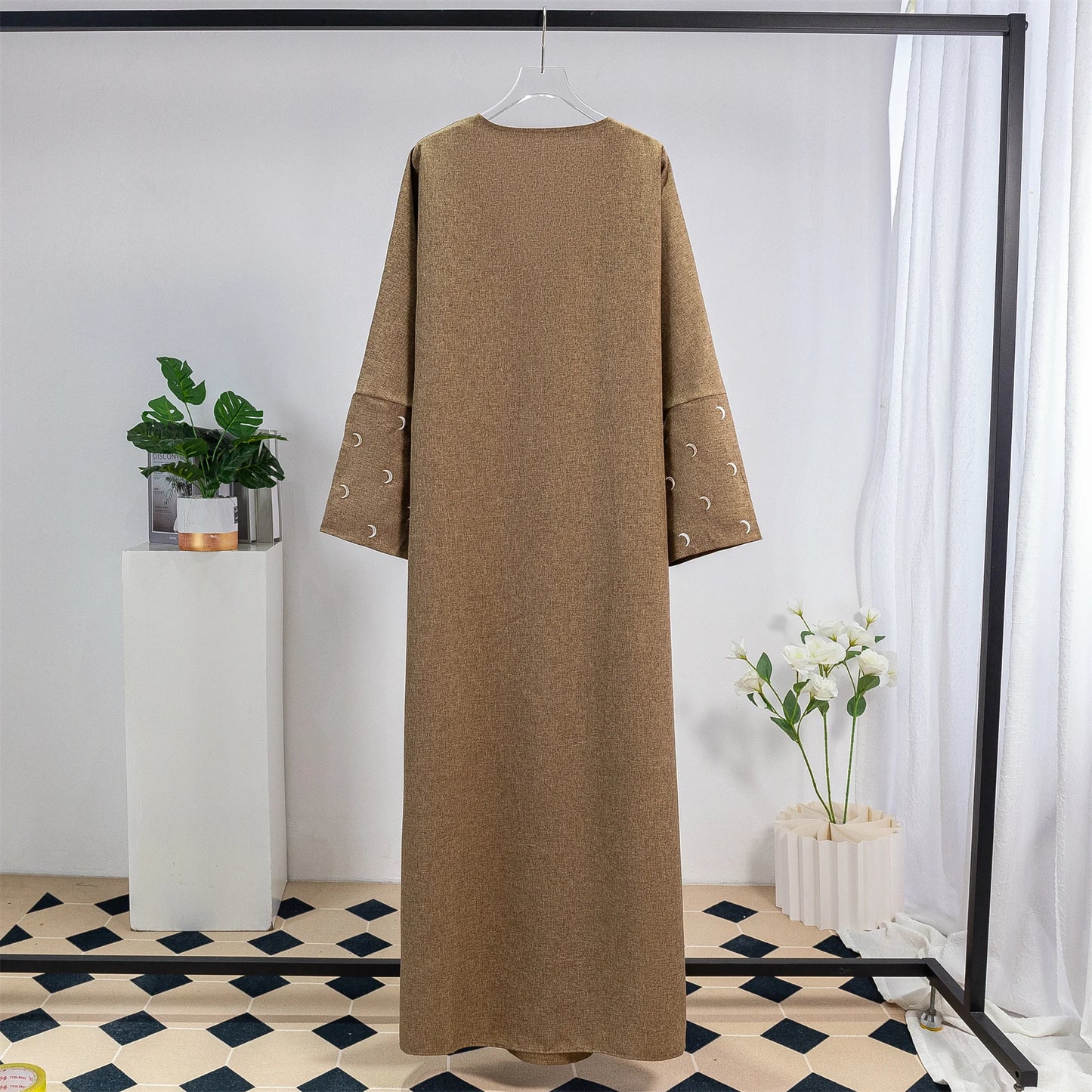 Muslim Moon Embroidery Open Front Abaya Women Long Sleeve Maxi Length Dress Muslim Abayas Kaftan Women Jilbabs Women's Clothing