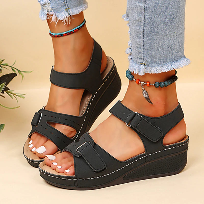 Retro Wedges Platform Sandals Women 2023 Summer Thick Soled Beach Slippers Woman Plus Size 43 Ankle Buckle Sandalias Footwear