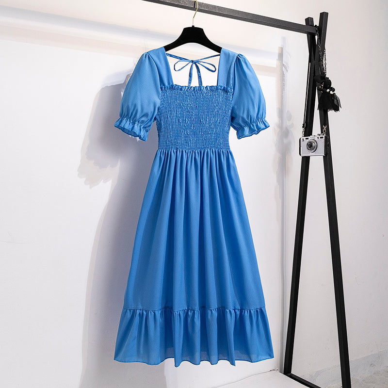 2023 Spring Summer Short Sleeve Casual Dresses Female Elastic Waist Pleated Backless Chiffon Dress Women Midi Dresses Vestidos