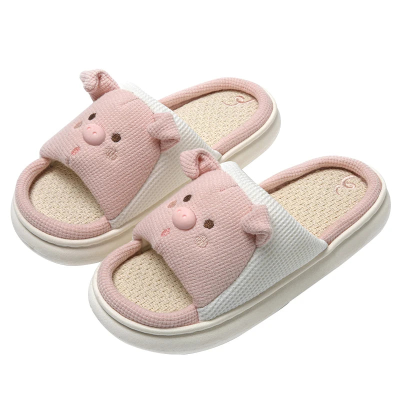 Cute Cartoon Pig Linen Slippers Women 2024 Winter Comfort Soft Sole Funny Cotton Slippers Woman Non Slip Flat Heels House Shoes