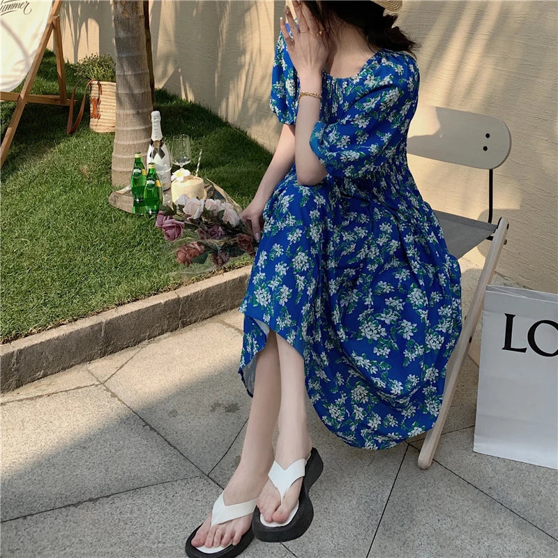 Spring Summer Dress Women Casual Dresses Off Shoulder Fashion Female Vestidos Short Sleeve Printed Floral V-neck A-line Dresses