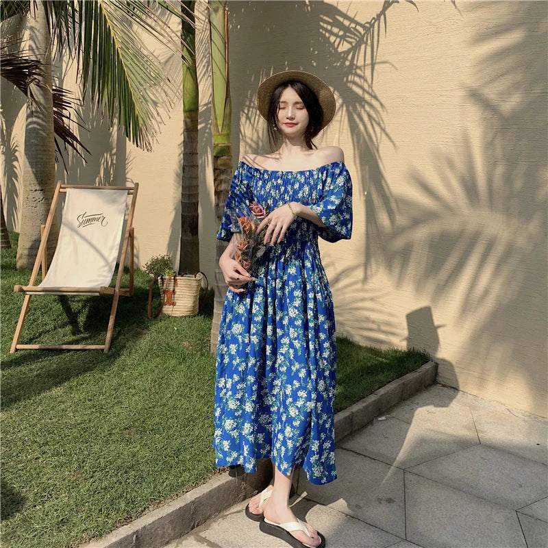 Spring Summer Dress Women Casual Dresses Off Shoulder Fashion Female Vestidos Short Sleeve Printed Floral V-neck A-line Dresses