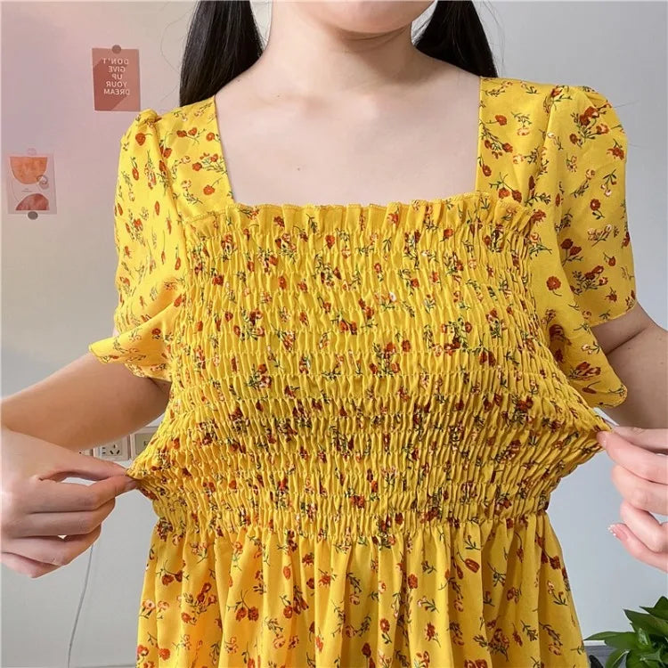 Spring Summer Chiffon Dress Women Casual Dresses Female Elastic Waist Short Sleeve Printed Floral Midi A-Line Dresses Vestidos