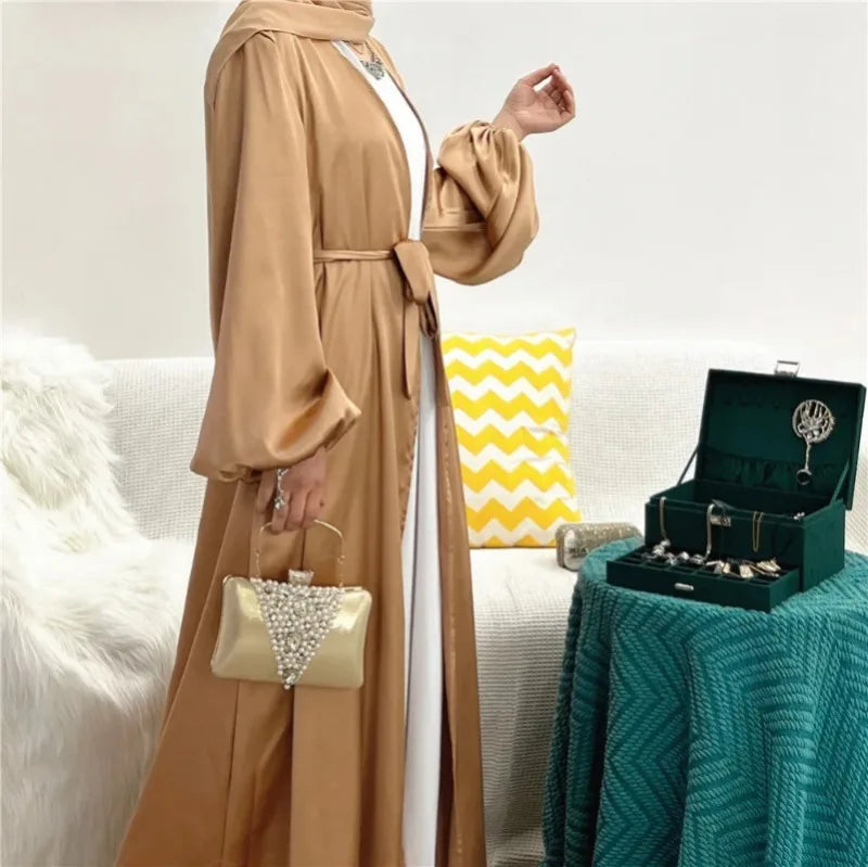 Women Abayas Muslim Kaftan Puff Sleeves Lace-up Maxi Length Ramadan Dresses Jilbabs Open Front  Abayas Outwear Cardigan Coats