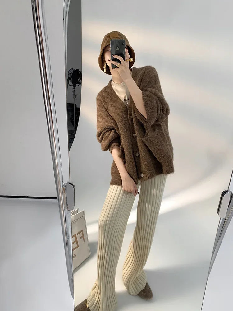 Autumn Winter Casual Thick Knitted Pant Women Long Trousers Elastic High Waist Kniting Wide Leg Pants Striped Pantalon