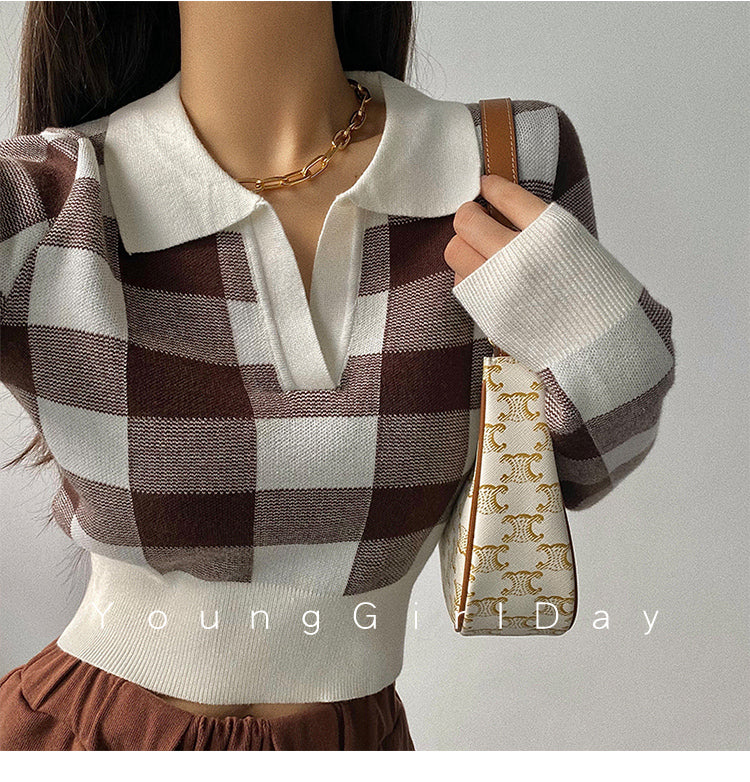 Autumn Winter Vintage Knitwear Crop Tops Women Pullover Sweaters Fashion Female Long Sleeve Elastic Casual Plaid Knitted Shirts