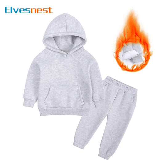 Winter Warm Kids Clothes Girl Outfit Set Long Sleeve Solid Hooded Tops Pants Fashion Children Boys Clothing Sets 1-12 Years