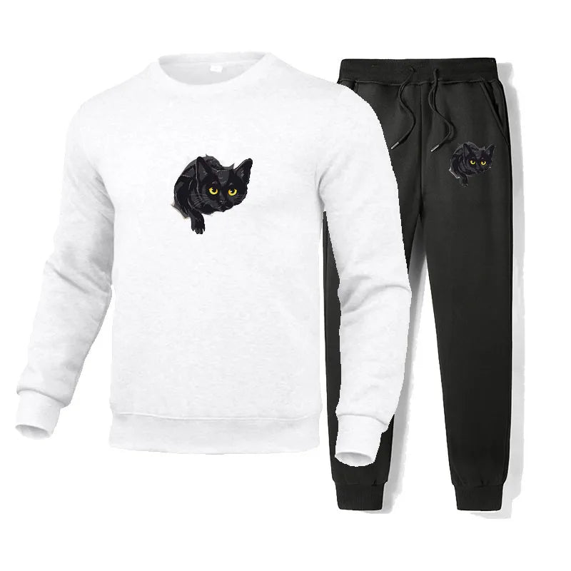 Cotton Tracksuit Men Cat Printed Sweatshirt Sweatpants 2 piece set men outfits Sportsuit Casual streetwear jogging set male set