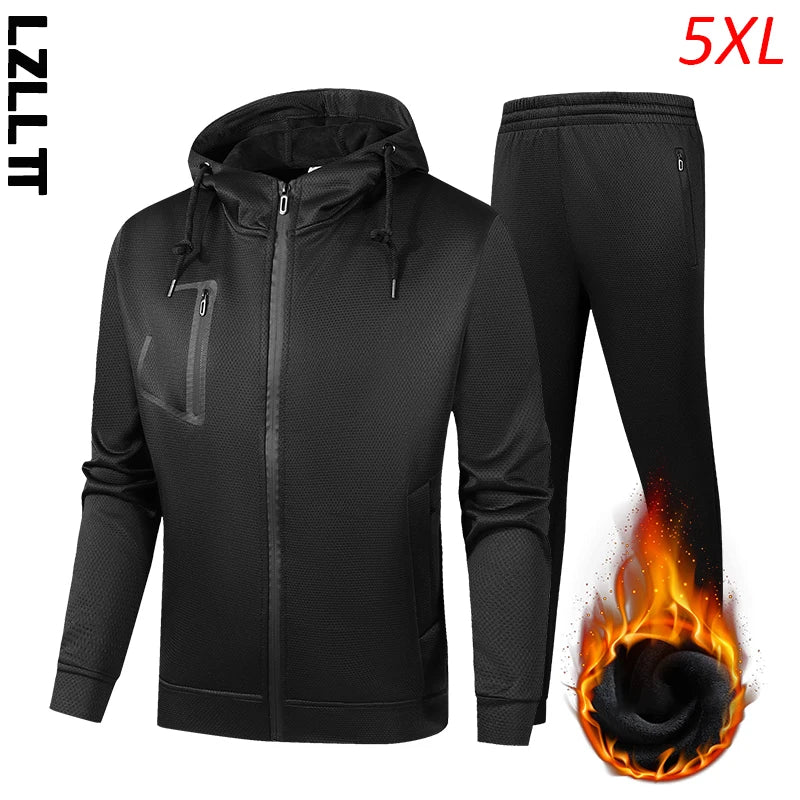 Autumn Winter Men Casual Fleece Sport Tracksuits Sets Man Run Jogger Outdoor Suit Male 2 Piece Hooded Jackets Pants Suit Outwear