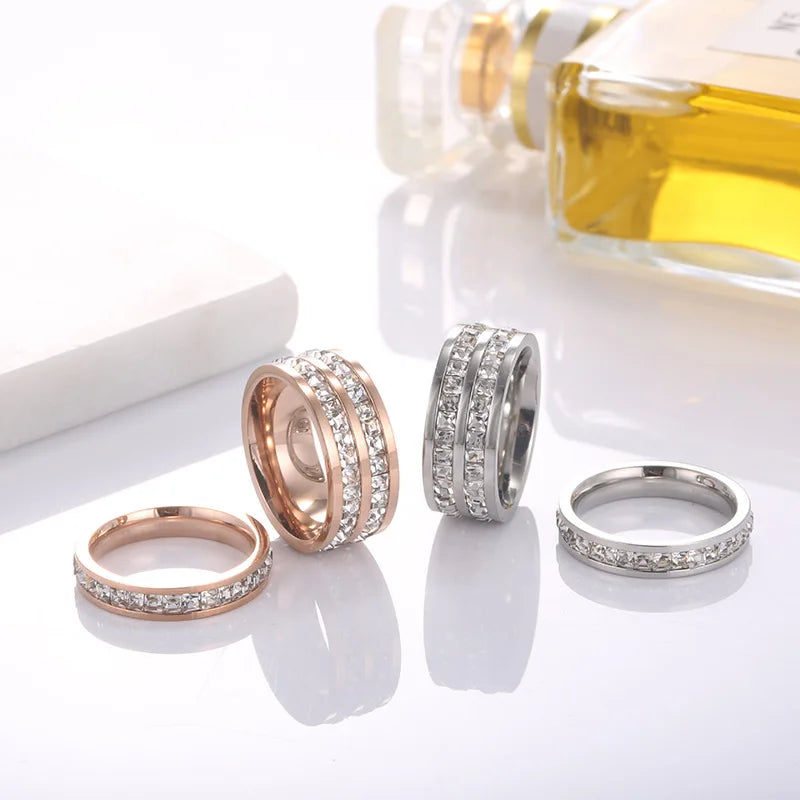 Stainless Steel Ring For Women Romantic Wedding Party Jewelry Female Luxury Rose Gold Color Double Row Square Zircon Luxury Ring