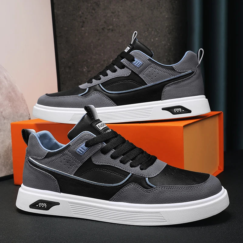 Men's new casual sports shoes leather spring and autumn lace-up white men's shoes vulcanized walking men's shoes