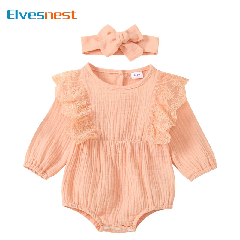 Cotton Linen Baby Girl Clothes Solid Color Newborn Clothes Boys Bodysuits Long Sleeve Tops Scarf Infant Bodysuits 6-24 Months