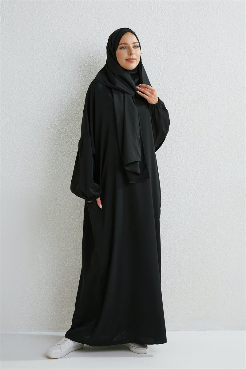 Muslim Abaya Prayer Dress One-piece Hooded Smocking Sleeve Islamic Clothing Women Jilbab Dubai Saudi Black Robe Turkish Modesty