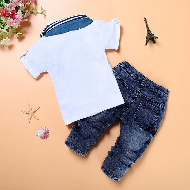 Fashion Kids Clothes Boys Outfit Set Cotton Cotton Short Sleeve O-Neck Tops+Jeans+Scarf Summer Children Boys Clothing 2-7 Years