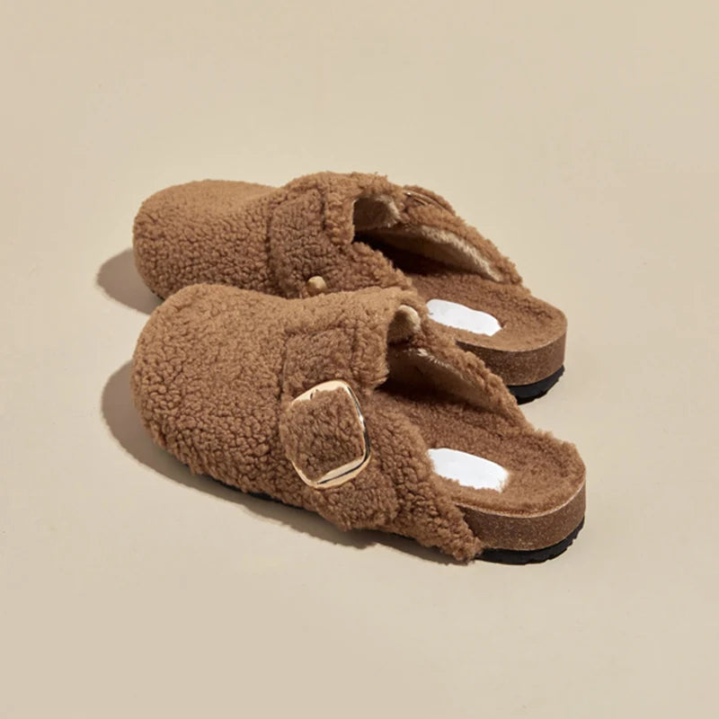 Warm Thicken Lamb Wool Fluffy Slippers Women 2023 Winter Flat Heels Mule Slippers Woman Brand Designer Thick Sole Birken Shoes