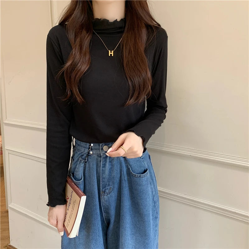 Long Sleeve Bottom Shirt Women T-shirts Autumn Winter Fashion Female Casual Skinny High Elastic Mock Neck Pullover T-shirts Tops