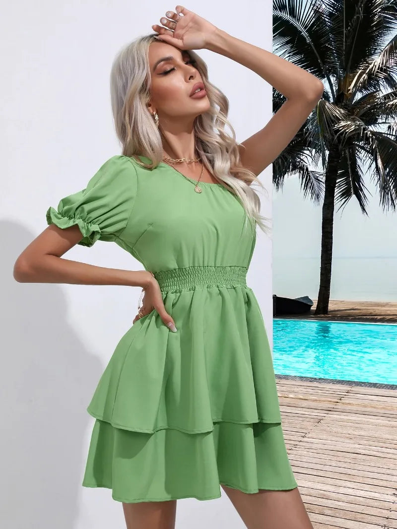 Summer Puff Sleeve One-Shoulder Women Dress Beach Pleated Ruffles Mini Woman Dresses Elastic Waist Diagonal collar Vestidos