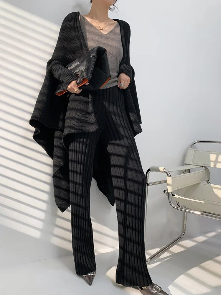 Autumn Winter Casual Thick Knitted Pant Women Long Trousers Elastic High Waist Kniting Wide Leg Pants Striped Pantalon