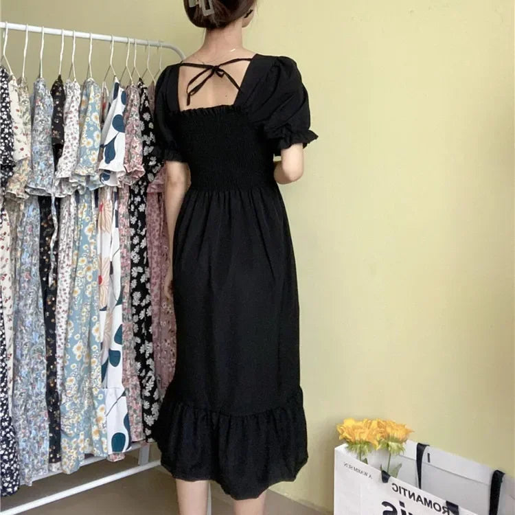 Spring Summer Elastic Waist Chiffon Dress Women Casual Dresses Vestidos Fashion Female Short Sleeve Pleated A-line Dresses