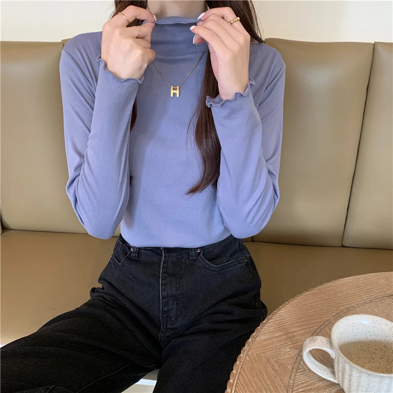 Long Sleeve Bottom Shirt Women T-shirts Autumn Winter Fashion Female Casual Skinny High Elastic Mock Neck Pullover T-shirts Tops