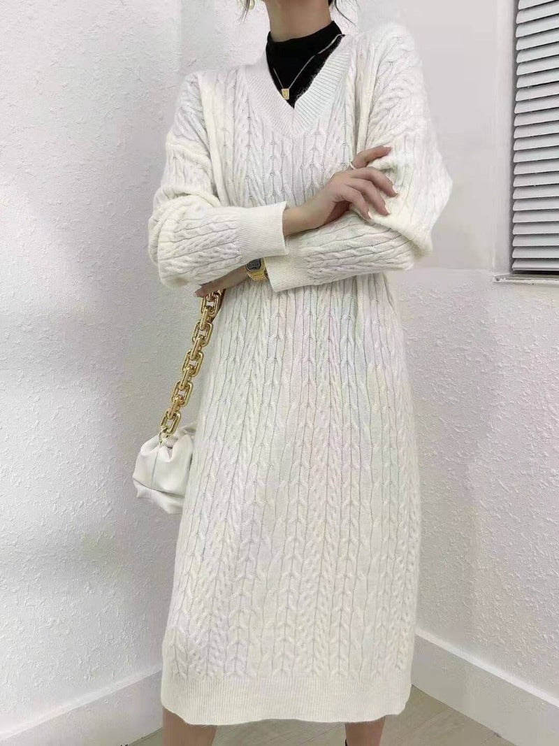 Autumn Winter Sweater Dress Women Kintted Dresses Fashion Female Long Sleeve Elastic V-neck Loose Casual Knitwear Dresses