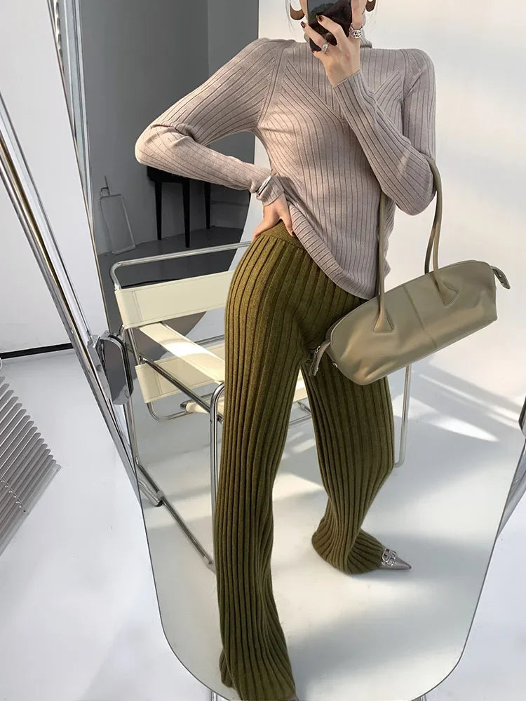 Autumn Winter Casual Thick Knitted Pant Women Long Trousers Elastic High Waist Kniting Wide Leg Pants Striped Pantalon