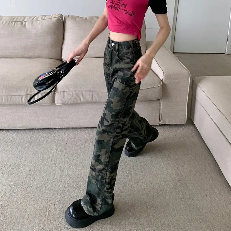 Autumn Spring Camouflage Jeans Women Denim Pants Vintage High Waist Straight Trousers Fashion Female Loose Casual Wide Leg Pants