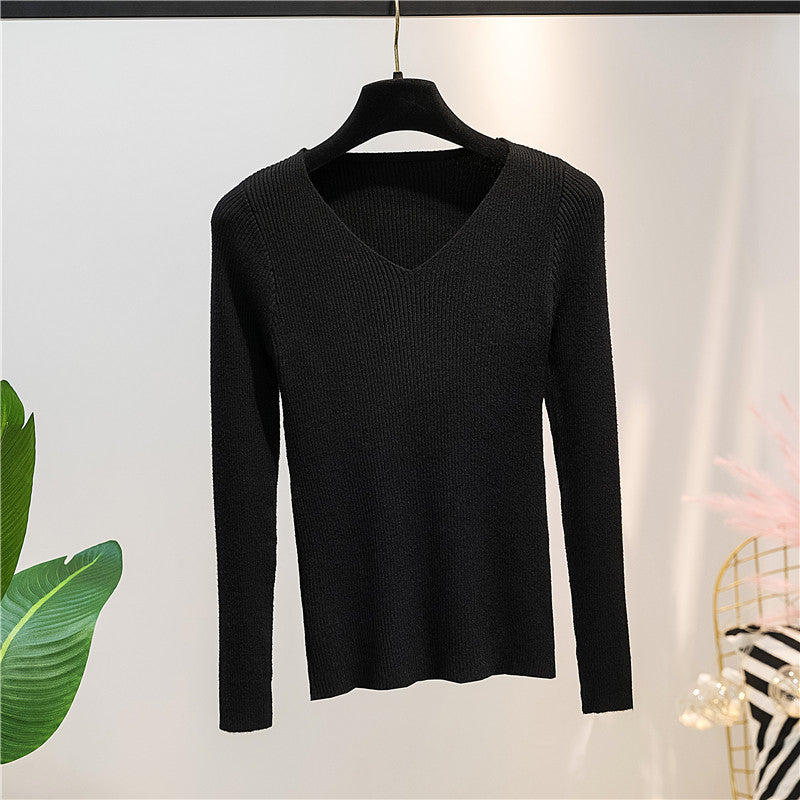 Women Knitted Shirts Fashion Female Autumn Winter Long Sleeve V-neck Skinny Elastic Casual Thin Sweater Pullover Tops Knitwear