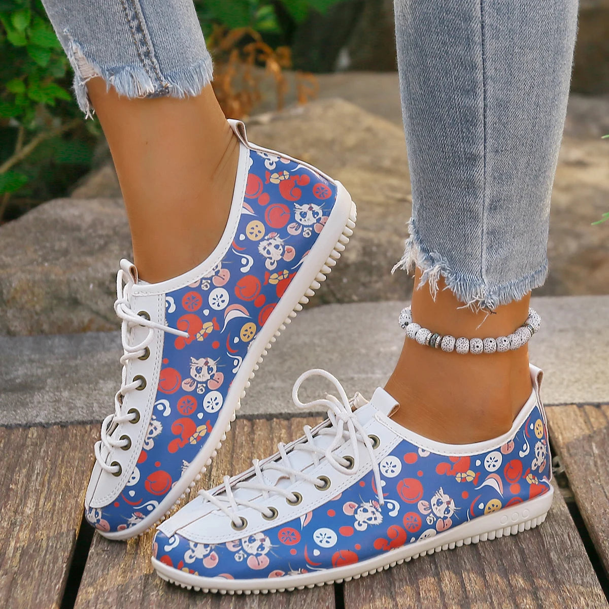 Women's new casual single shoes cute graffiti comfortable lace up board shoes