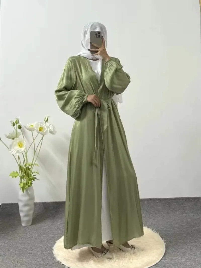 Kaftan Muslim Abayas Women's Islamic Clothing Long Sleeve Open Front Abaya With Belt Maxi Dress Women Jilbabs Dubai Robe Caftan