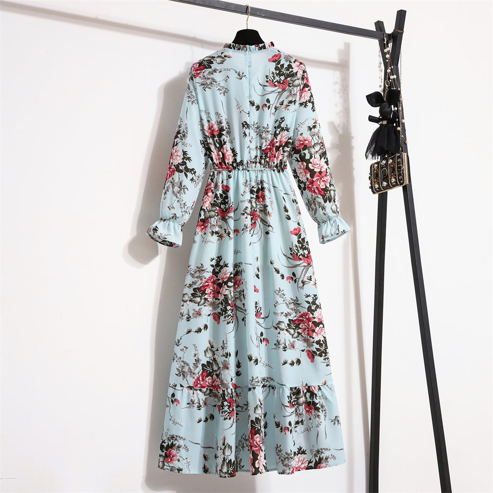 Autumn Spring Vestidoes Woman Chiffon Dresses Full Sleeve Vintage Printed Floral Zipper Casual Long Dress Women Maxi Dresses