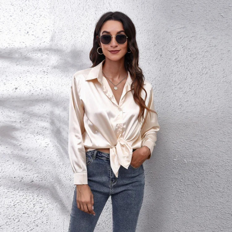 Spring Summer Long Sleeve Women's Silk Shirt Office Ladies Stain Blouses Solid Turn-down Collar Single Breasted Woman Shirts