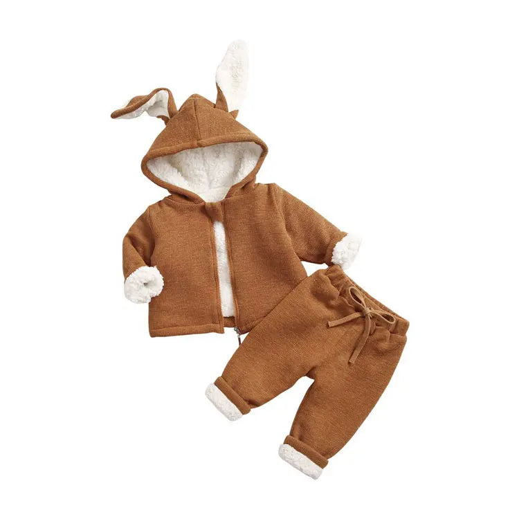 Cartoon Kids Clothes Girls Outfit Set Velvet Long Sleeve Hooded Zipper Coat Pants Winter Warm Children Clothing 1-6 Years