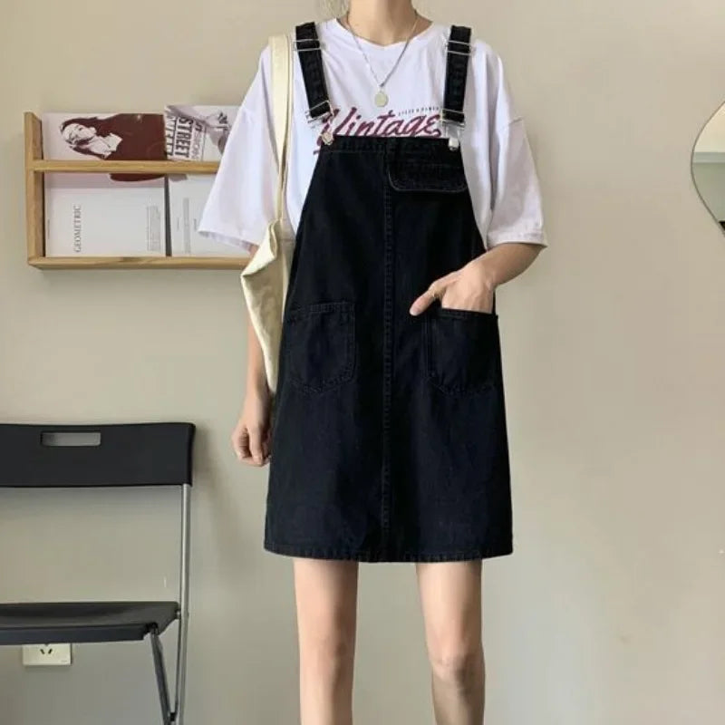 Spring Summer Black Denim Overall Dress Women Casual Sleeveless Jeans Dresses Fashion Female Loose Spaghetti Strap Dresses Girls