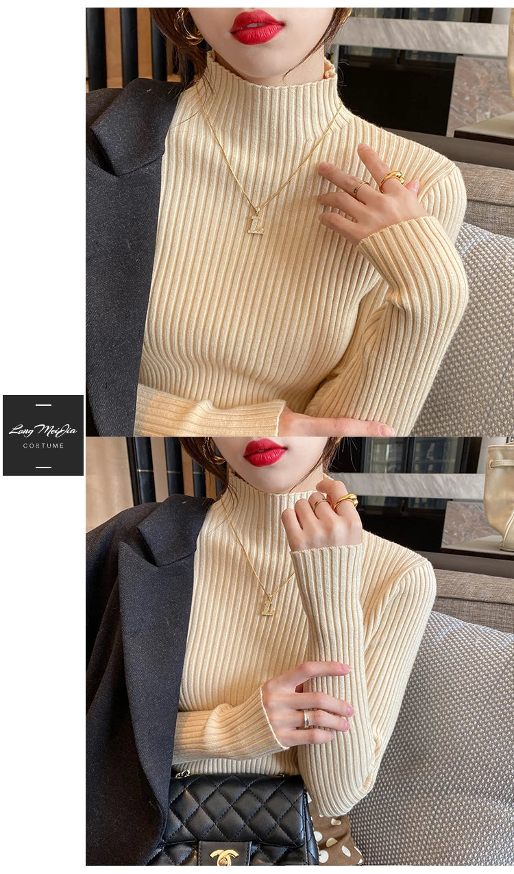 Autumn Winter Knitted Shirt Women Sweater Bottoming Shirts Female Long Sleeve Skinny Elastic Slim Sweaters Knit Pullover Tops