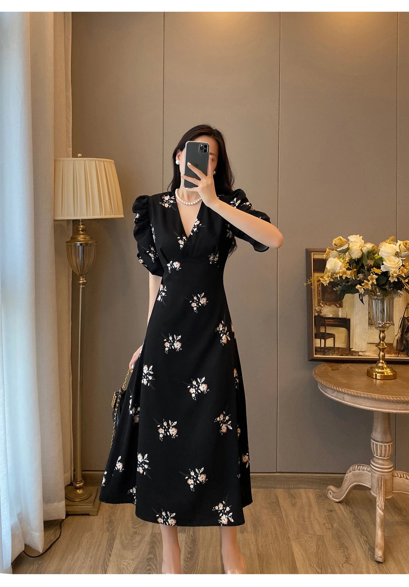 Spring Summer Chiffon Dress Women Casual Dresses Fashion Female Printed Floral V-neck Short Sleeve A-line Dresses Vestidos